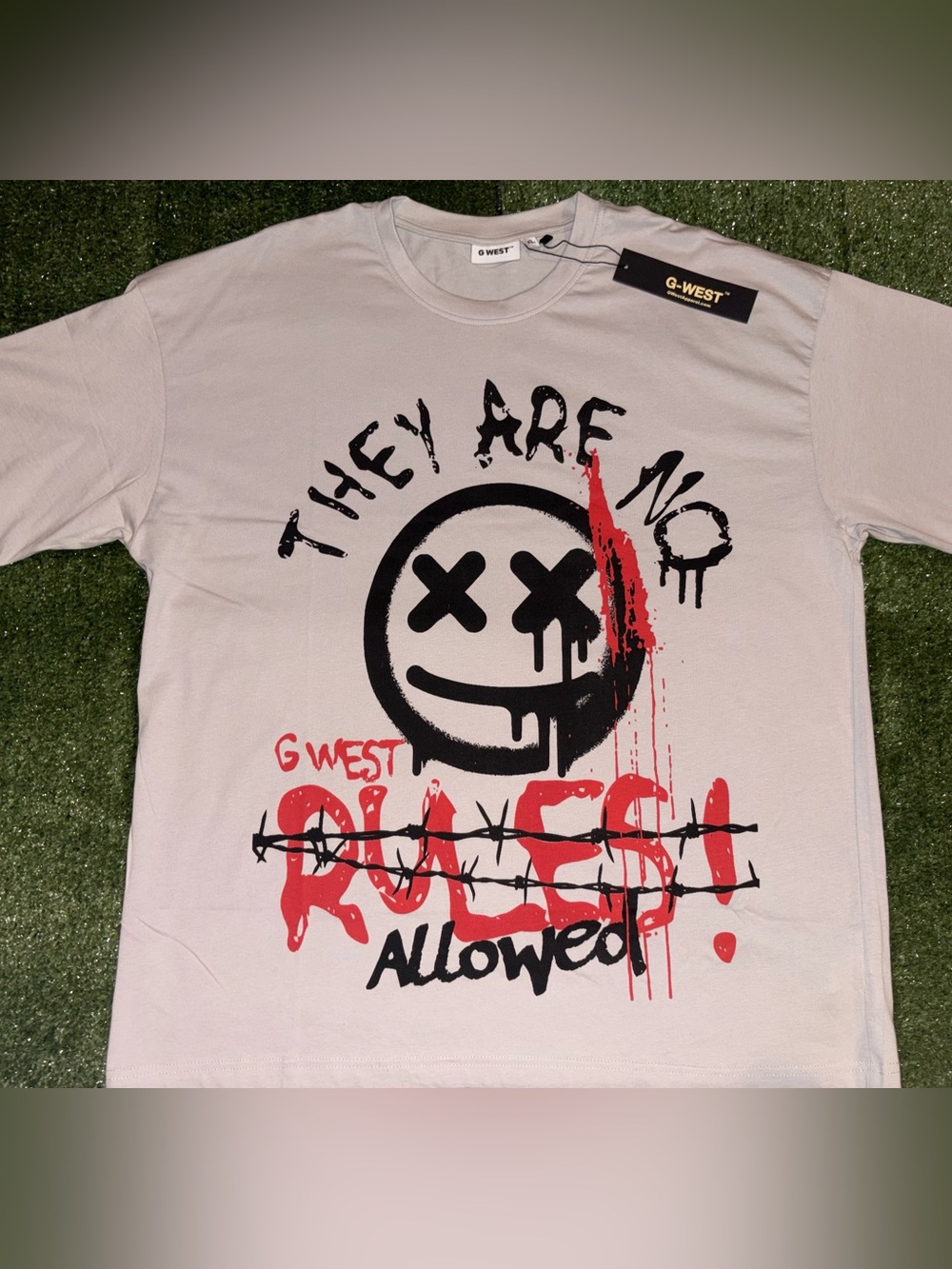G-West Men's Short Sleeve Graphic Tee - White with Black & Red Print